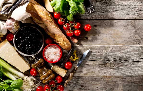 Зелень, сыр, помидоры, чеснок, соль, батон, продукты