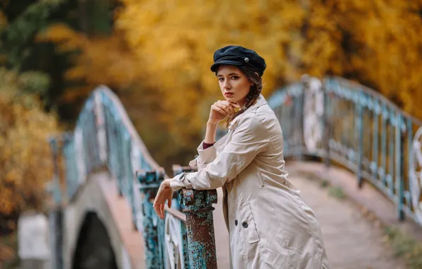 Картинка осень, взгляд, девушка, мост, плащ, Disha Shemetova