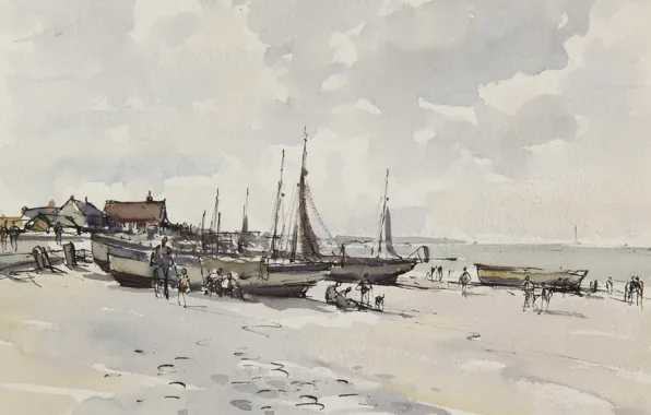 Картинка пейзаж, картина, акварель, Эдуард Сиго, Beach Scene. Kessingland. Suffolk