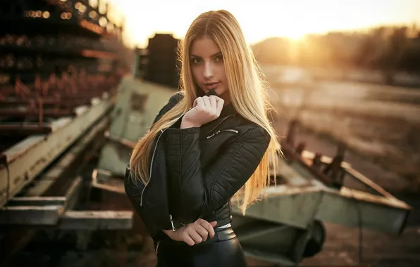 Girl, leather, blonde, cute, jacket