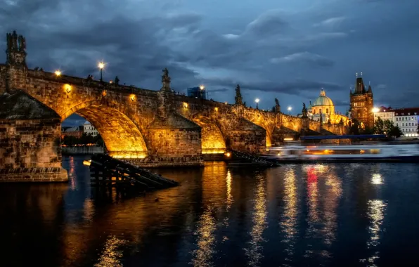 Картинка ночь, мост, город, огни, река, прага