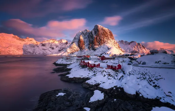Картинка горы, Норвегия, поселок, фьорд, Лофотенские острова