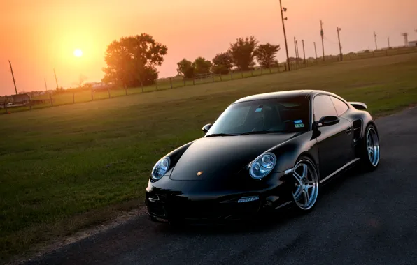 Картинка солнце, газон, чёрный, 911, 997, Porsche, порше, black