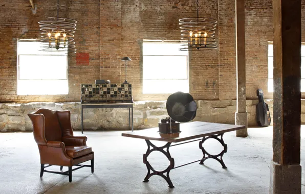 Factory, room, table, kingwood chair, loft style, gramophone, modern chandeliers