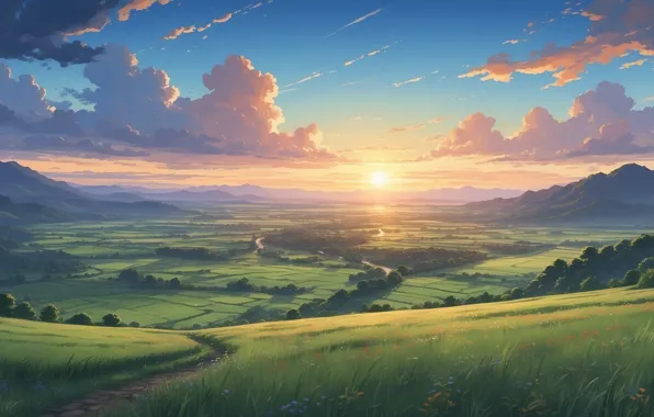 Sky, trees, sunset, anime, mountains, clouds, valley, AI art