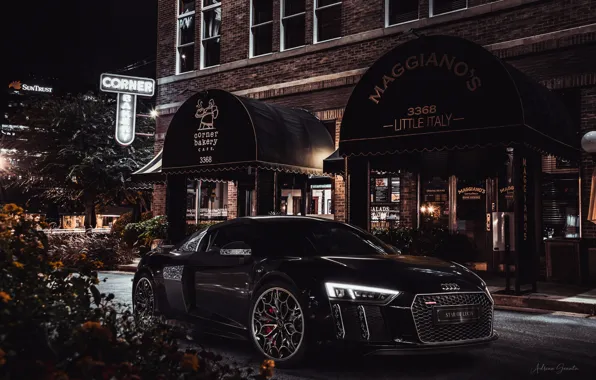 Ночь, Город, Машина, Audi R8, Car, Black, Спорткар, Transport & Vehicles