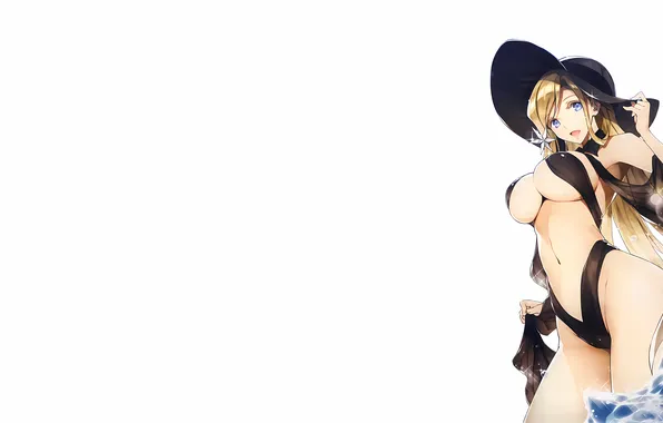 Girl, sexy, cleavage, long hair, hat, boobs, anime, water