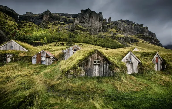 Природа, гора, домики, Iceland, Farm, Núpsstaður