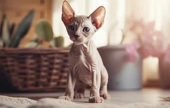 Кошка, взгляд, цветы, поза, котенок, растения, окно, мордашка