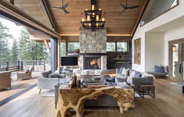 Картинка вилла, интерьер, камин, терраса, гостиная, Modern Lodge