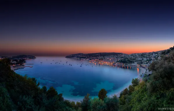 Закат, бухта, вечер, залив, сумерки, Монако, панорамма, French Riviera