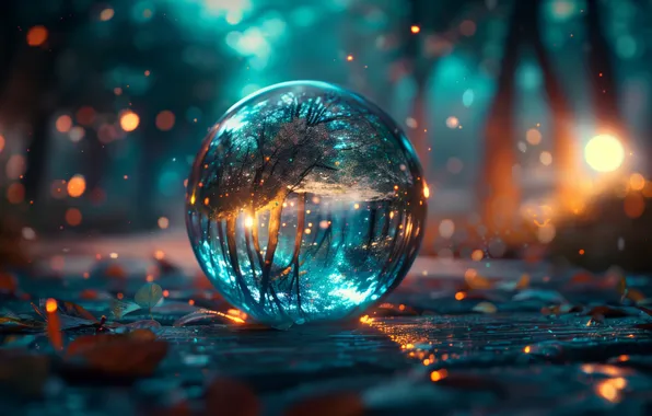 Картинка glass, ball, crystal, glowing, depth of field, AI art, floating particles