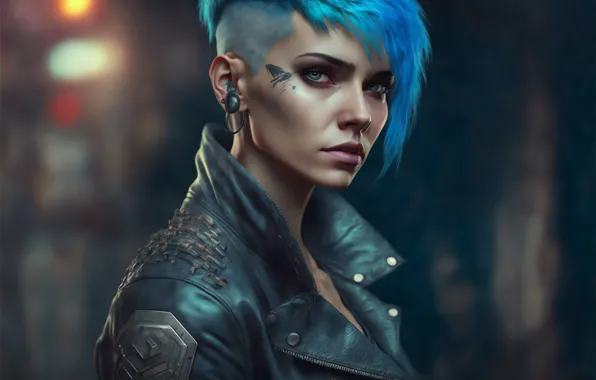 Girl, art, short hair, leather jacket, blue hair