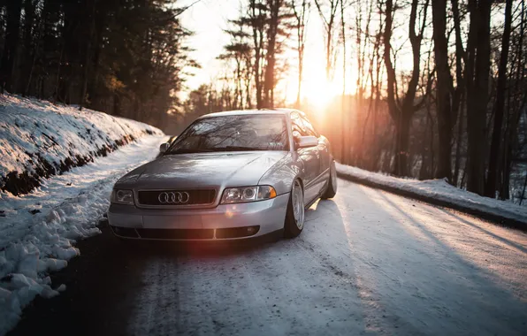 Лес, снег, закат, Audi, ауди, stance, догога