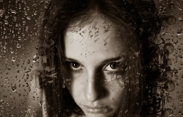 Взгляд, девушка, капли, эмоции, сепия, girl, красивая, raindrops