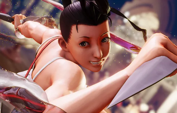 Девушка, лицо, улыбка, нож, боец, street fighter, ibuki