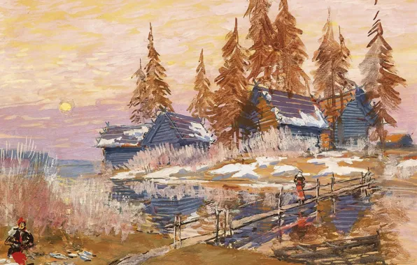 Картинка деревья, пейзаж, картина, деревня, мостик, Константин Коровин, Запоздалая Зима