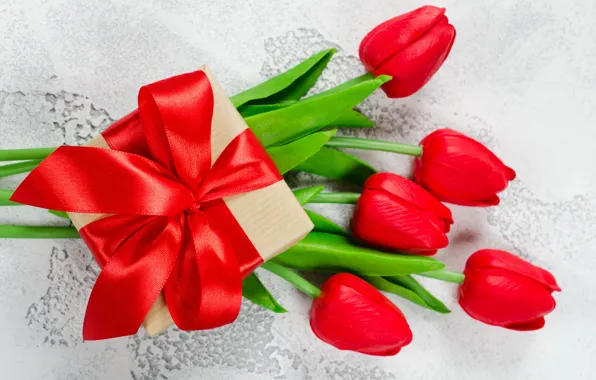 Любовь, цветы, подарок, букет, лента, сердечки, тюльпаны, красные