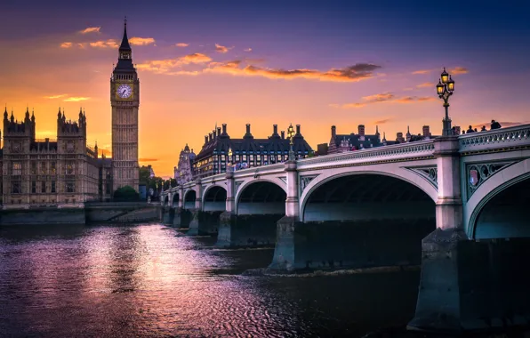 Картинка закат, мост, река, Лондон, архитектура, Биг Бен