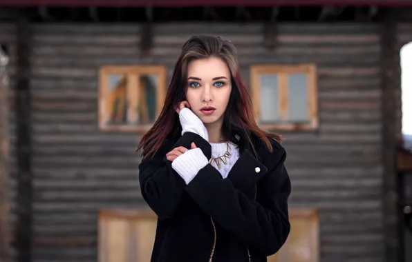 Взгляд, макияж, губки, пальто, голубоглазая