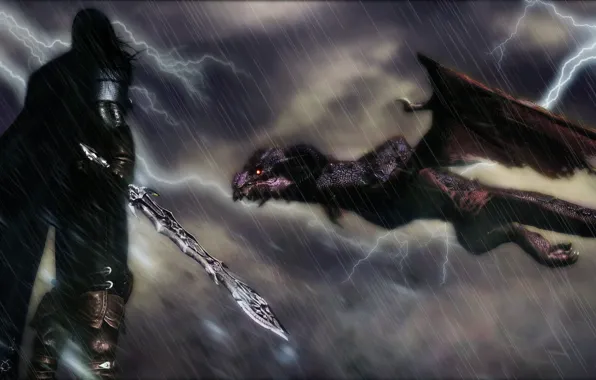 Картинка рендеринг, фон, дождь, молния, дракон, меч, воин