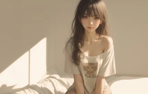 Картинка anime, women, brunette, sunlight, illustration, AI art, oversized T-shirt