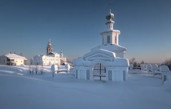 Картинка зима, снег, пейзаж, природа, город, церковь, Пермский край, Андрей Чиж