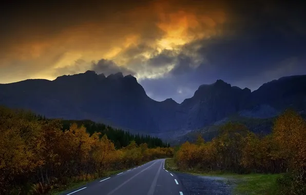 Картинка пейзаж, закат, The road to Nusfjord
