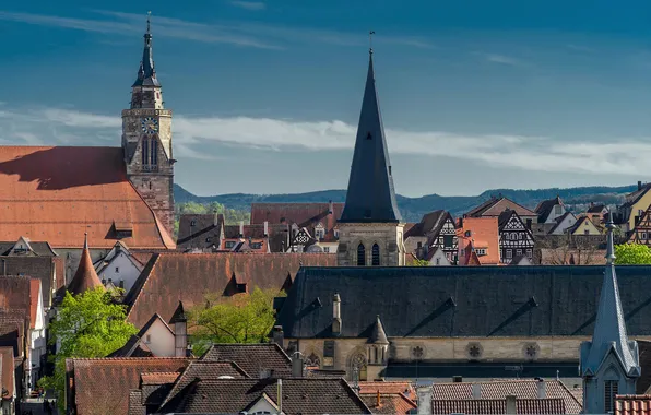 Картинка крыша, небо, башня, дома, Германия, Тюбинген