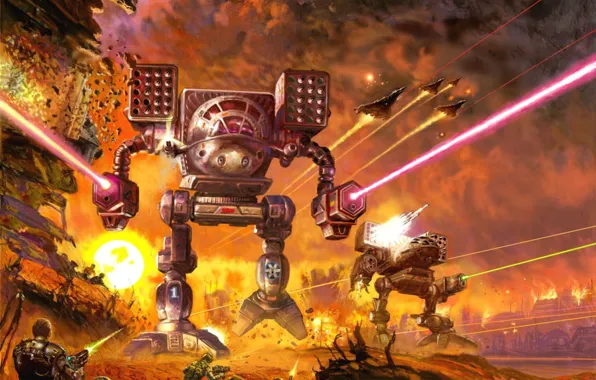 Fire, robot, war, explosions, battle, battletech