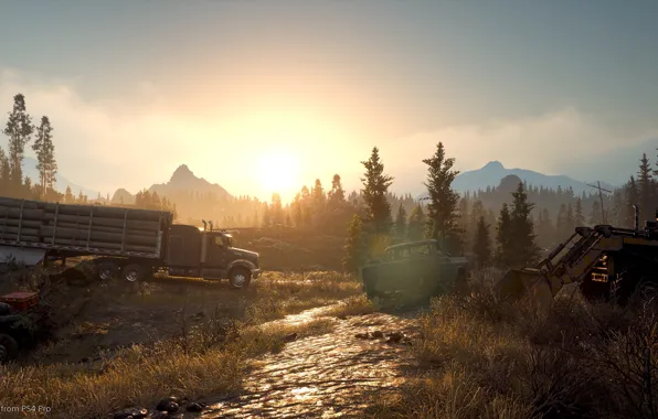 Лес, закат, машины, игра, game, screenshot, Days Gone, action-adventure