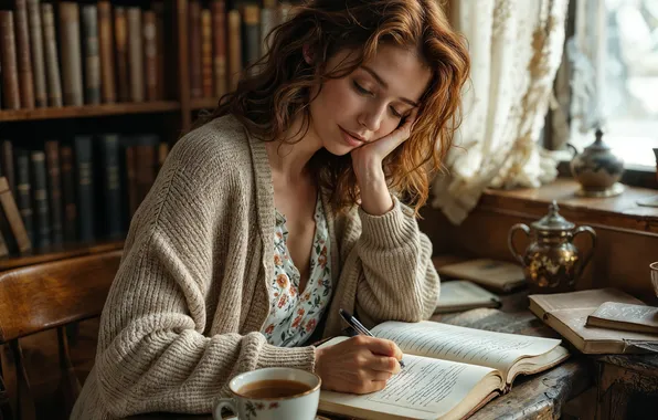 Девушка, свет, поза, стол, чай, книги, окно, чашка