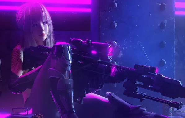 Girl, fantasy, soldier, long hair, weapon, neon, tattoo, sniper