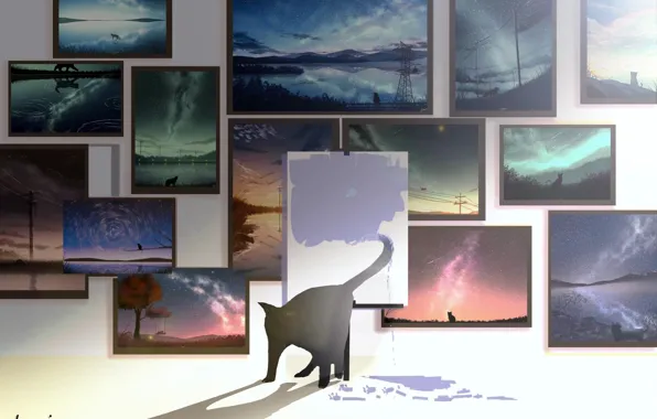 Кошка, картины, рисует