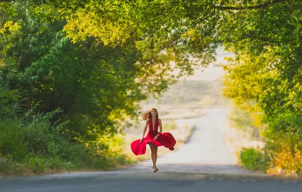 Дорога, девушка, платье, в красном, рыжеволосая, походка, Lady in red