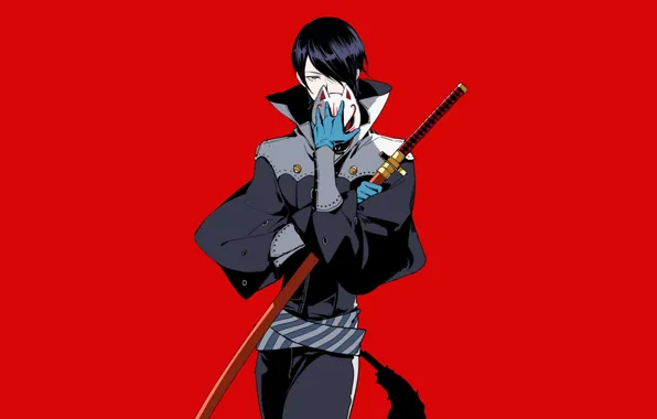 Игра, меч, аниме, арт, парень, красный фон, Persona 5, Персона 5