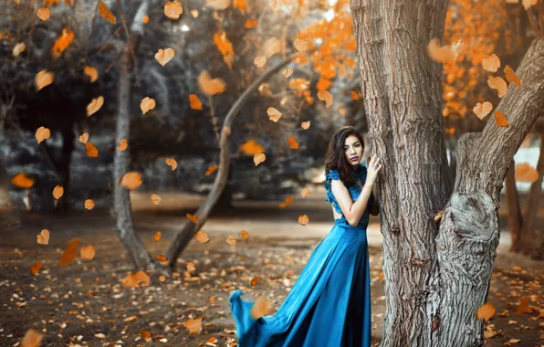 Макияж, платье, листопад, в синем, Ronny Garcia, When the fall is here