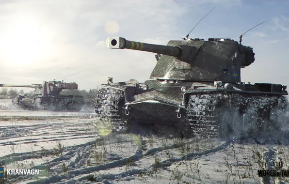 Зима, поле, солнце, снег, танк, наступление, тяжелый, World of Tanks