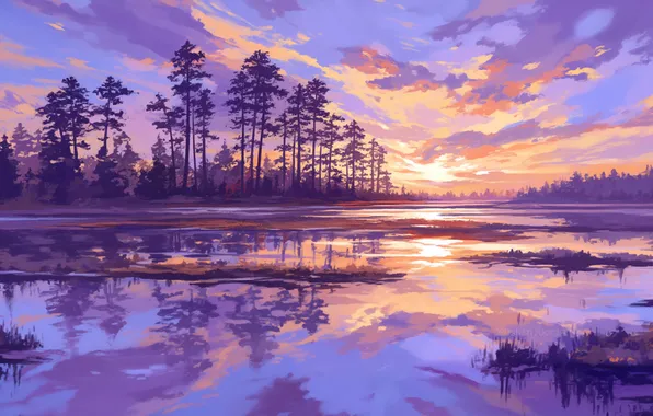 Картинка trees, landscape, sunset, clouds, AI art