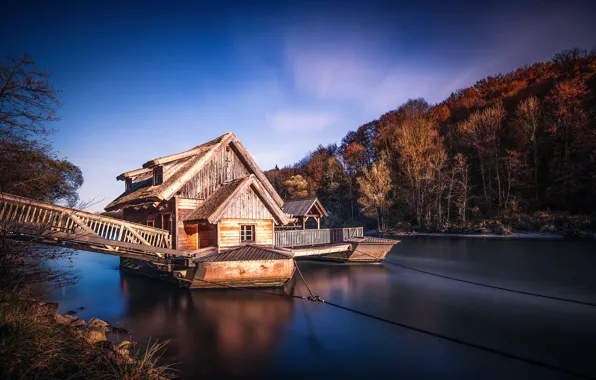 Картинка деревья, река, дома, причал, At the water mill