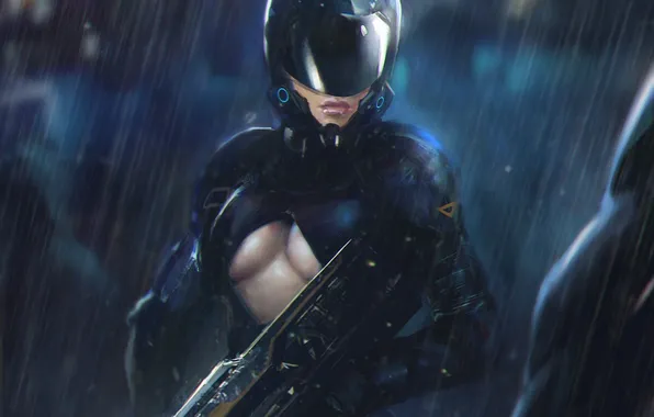 Картинка девушка, оружие, дождь, темно, арт, шлем