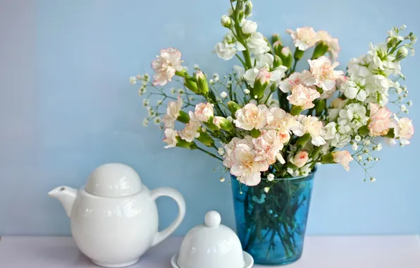 Белый, цветы, голубой, чайник, чашка