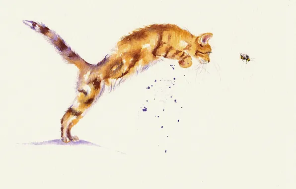 Картинка кошка, кот, игра, акварель, охота, пчёлка