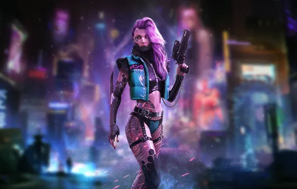 Девушка, Город, Робот, Пистолет, Неон, Girl, City, Тату