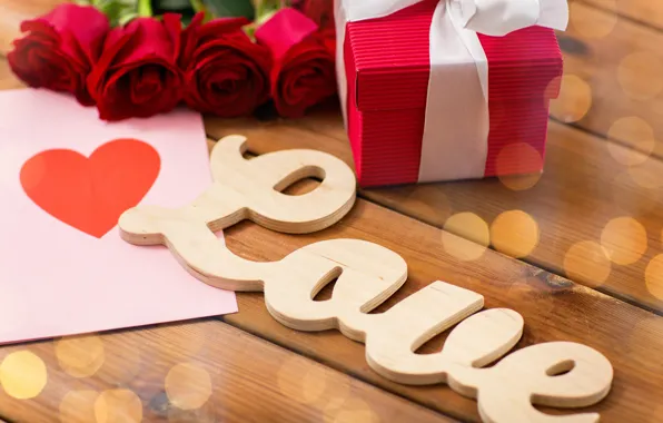 Любовь, буквы, подарок, сердце, розы, бутоны, День Святого Валентина