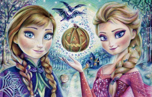 Девушки, тыква, хэллоуин, halloween, Anna, art, frozen, Elsa
