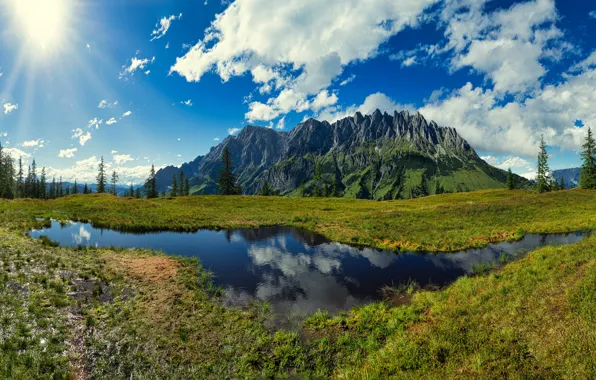 Зелень, лес, небо, солнце, облака, лучи, свет, горы