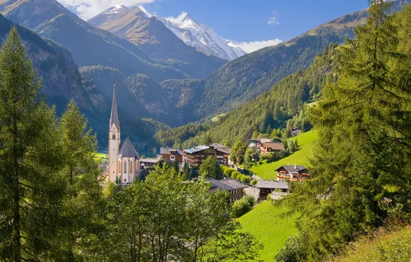 Картинка деревья, горы, дома, Австрия, склон, деревня, церковь, Austria