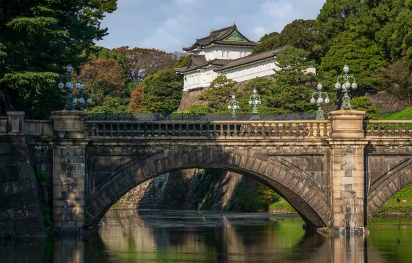 Вода, мост, Япония, Токио, Tokyo, Japan, дворец, ров