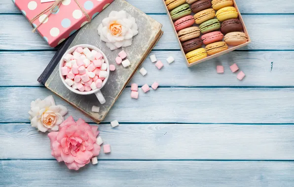 Цветы, подарок, wood, pink, flowers, coffee cup, macarons, gift box